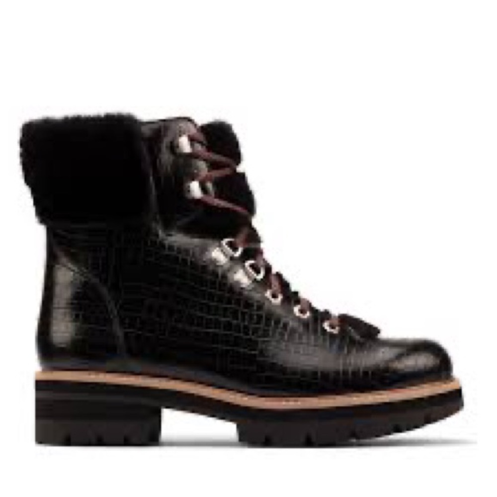 Clarks Orianna Hi Croc Black Leather Combat Boots 8.5